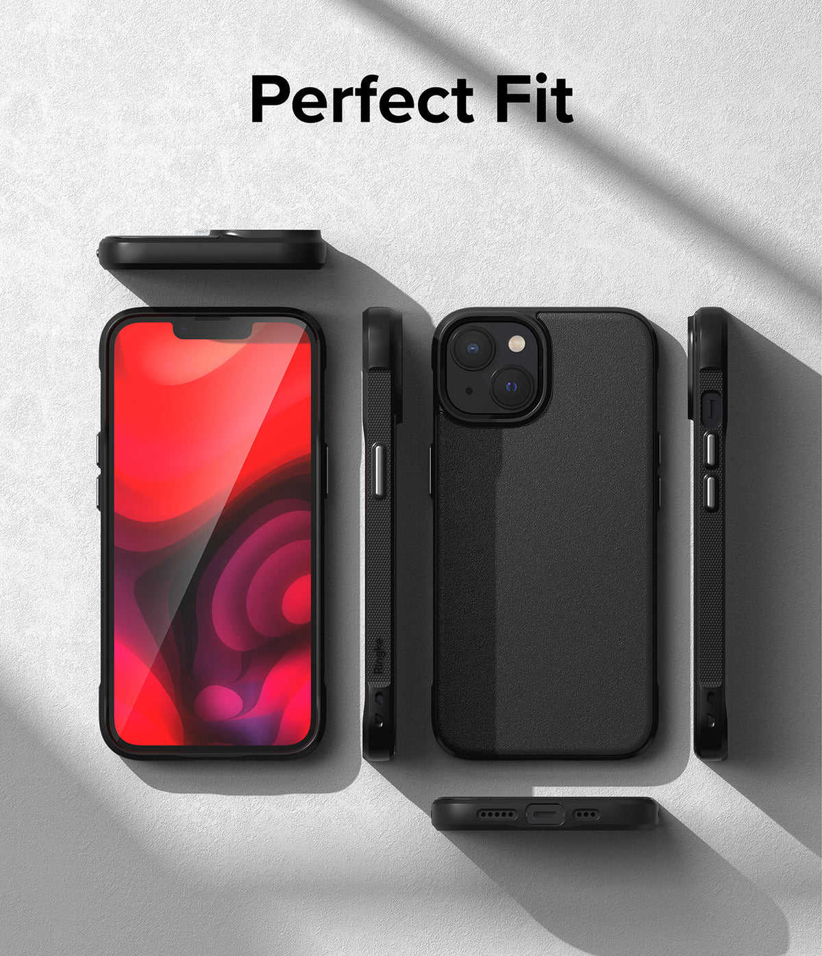 iPhone 14 Case | Onyx - Black phone case shown from multiple angles with a red screen display on a textured gray background.