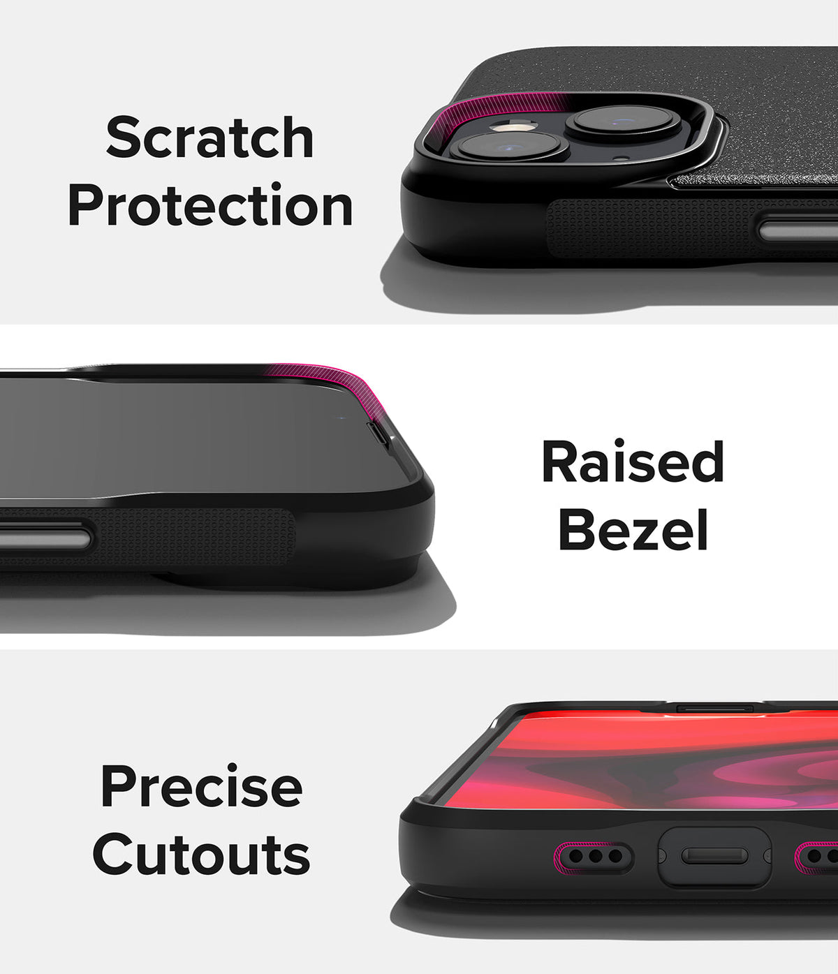 iPhone 14 Case | Onyx - Close-ups of a black phone case highlighting camera protection, raised screen bezels, and precise cutouts.