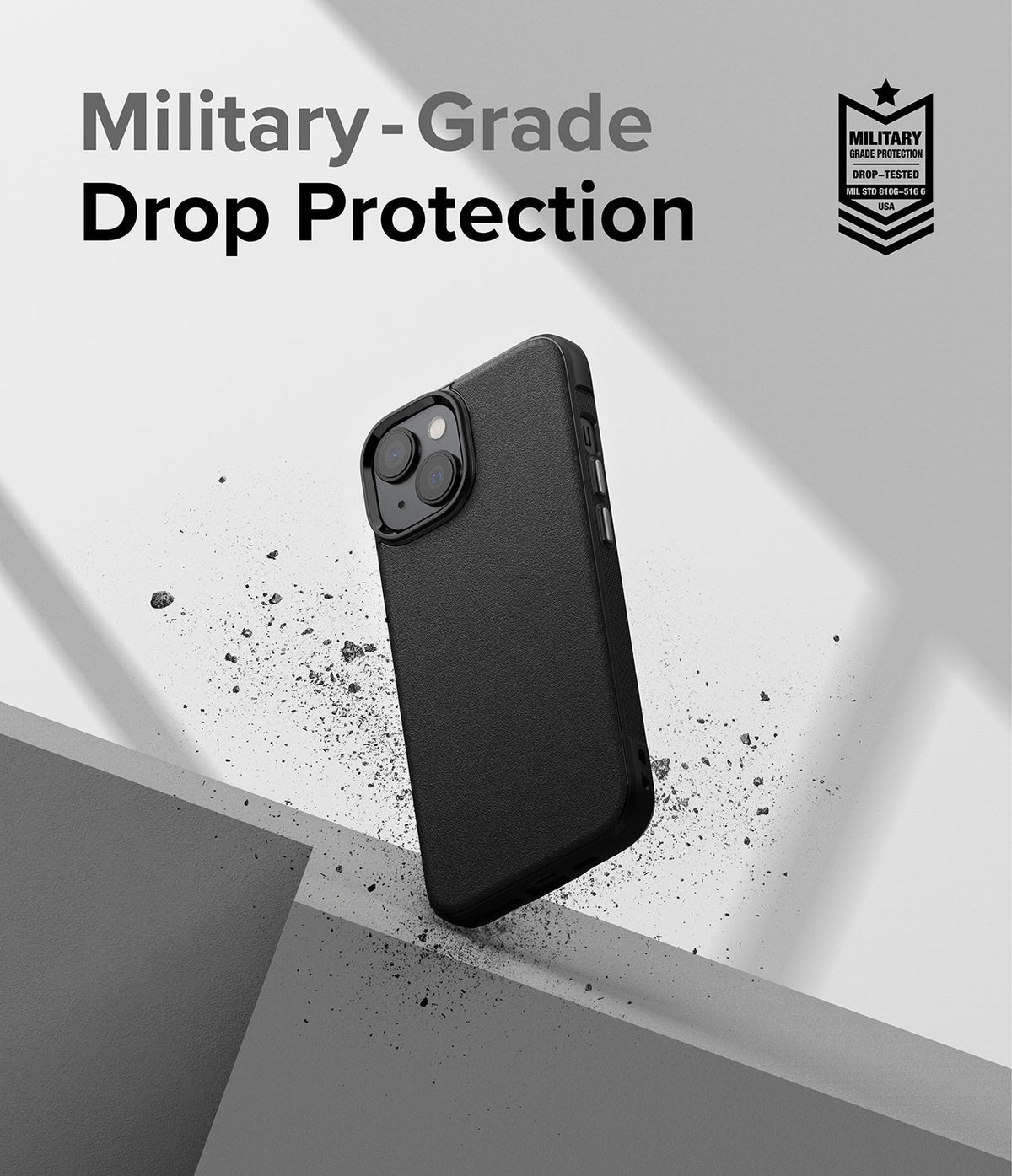 iPhone 14 Plus Case | Onyx - Black textured phone case with military-grade drop protection badge on a grey background.