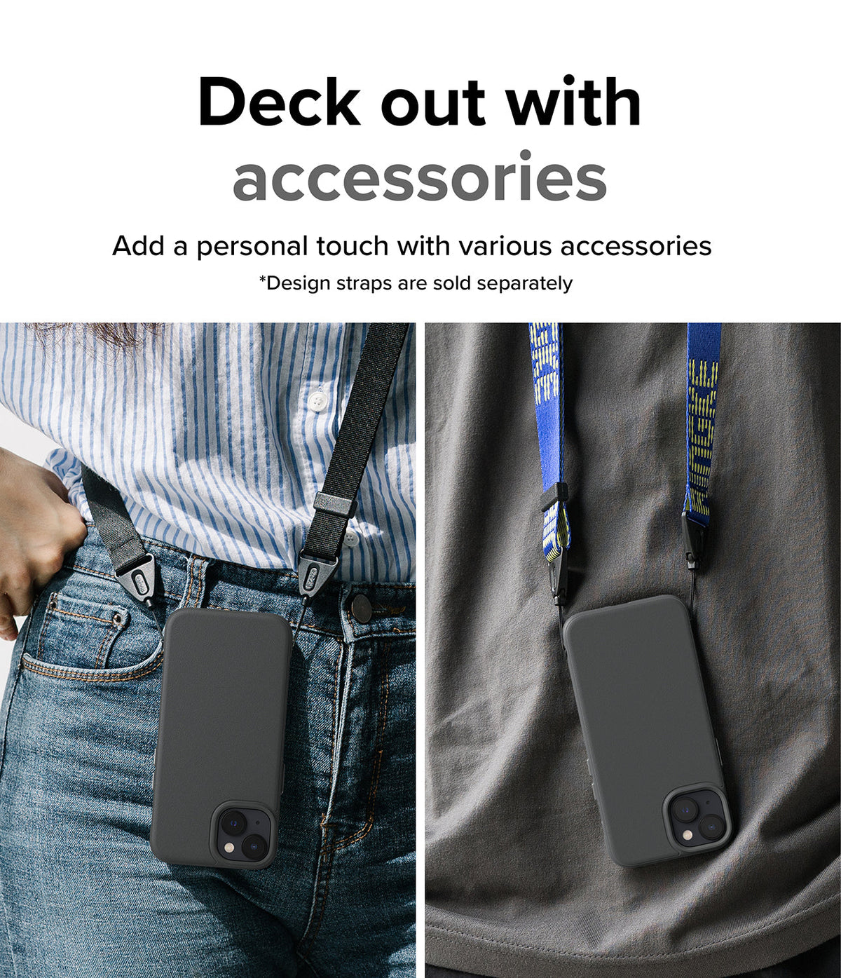 iPhone 14 Case | Onyx - Two people wearing black iPhone 14 cases attached to colorful crossbody straps over their clothing.