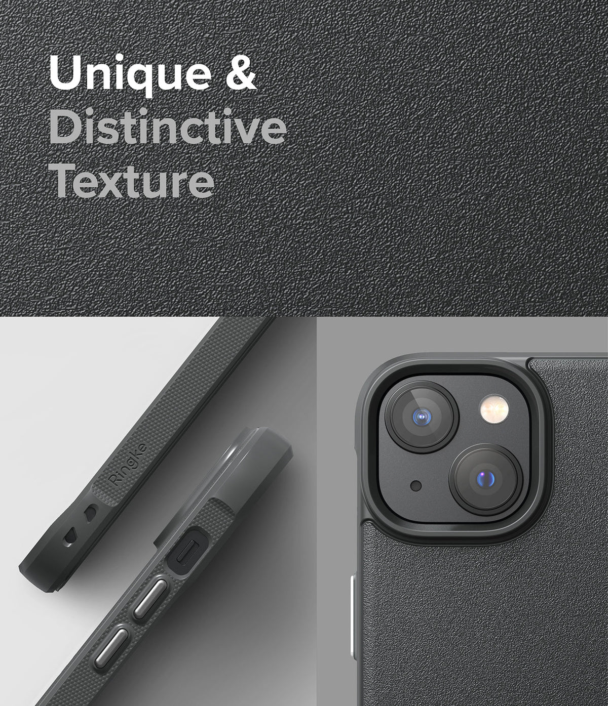 iPhone 14 Case | Onyx - Close-up of a black textured phone case showing the camera module and side buttons with Ringke branding.
