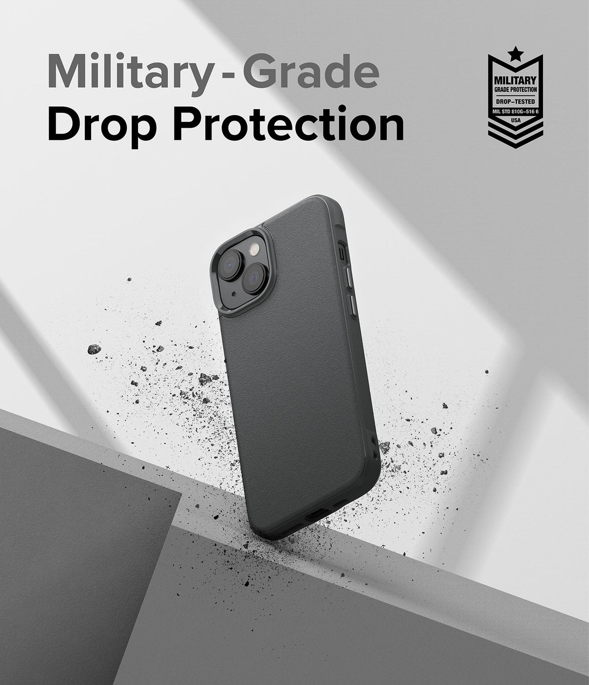 iPhone 14 Case | Onyx - Black iPhone 14 case with military-grade drop protection badge against a gray, textured background.
