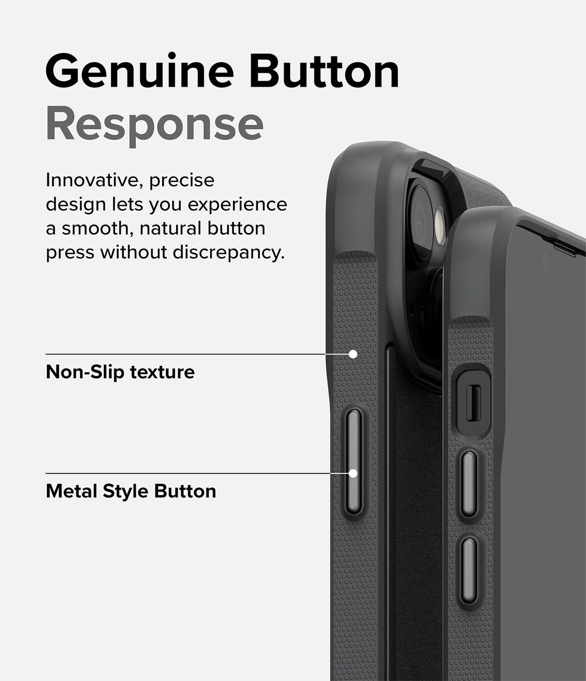iPhone 14 Case | Onyx - Close-up of phone case showing textured side grip and metallic buttons with descriptive text overlay.
