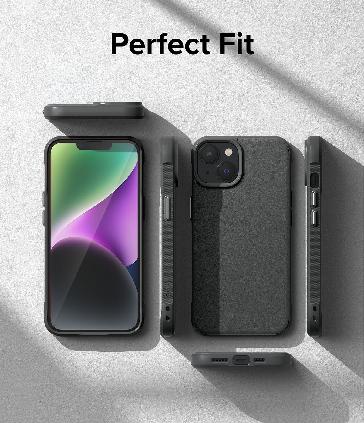 iPhone 14 Case | Onyx - Multiple views of a black iPhone 14 case showing front, back, and side profiles on a textured surface.