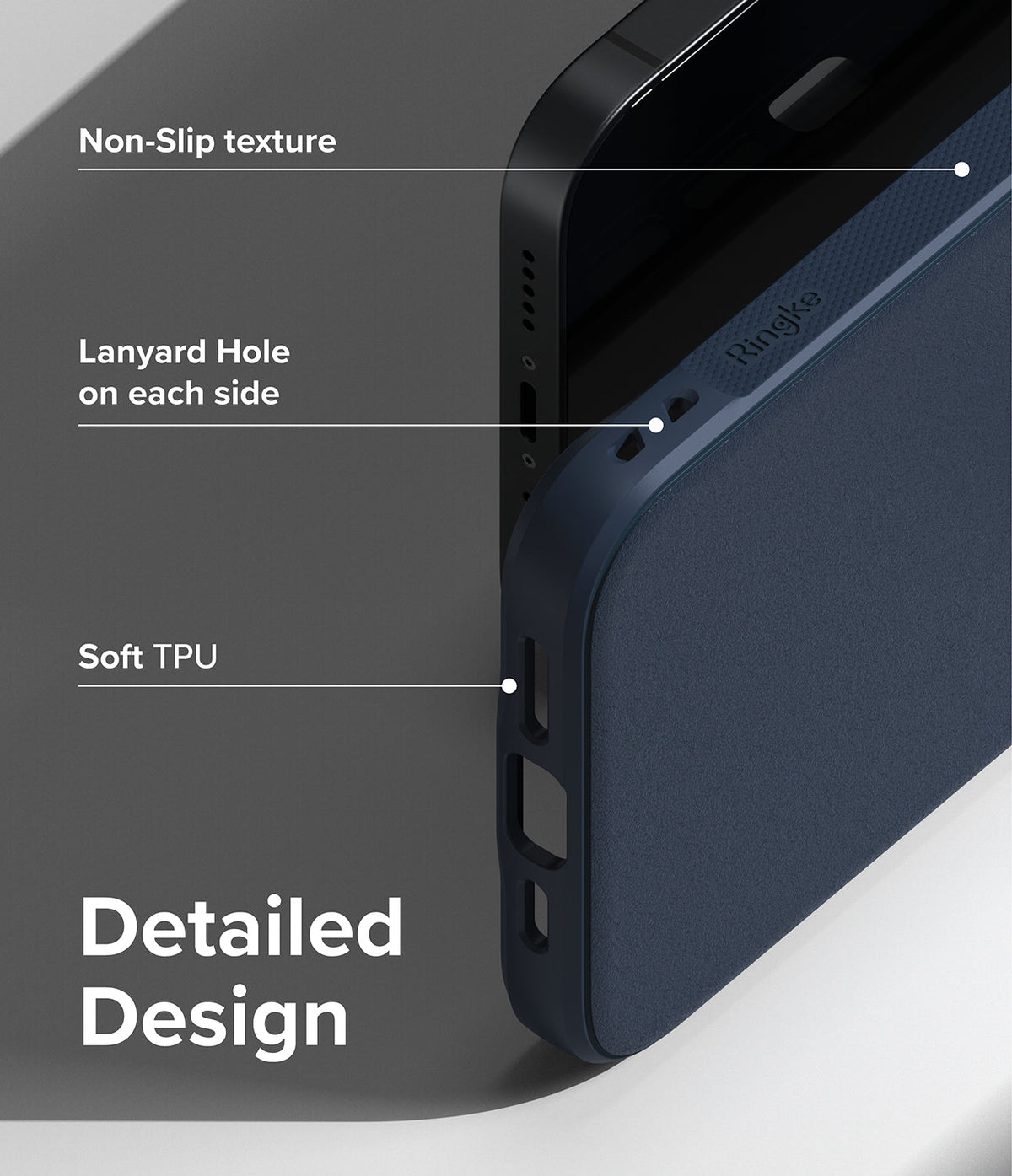iPhone 14 Case | Onyx - Close-up of a navy phone case highlighting non-slip texture, lanyard holes, and soft TPU material.