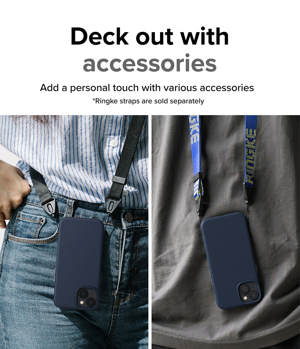 iPhone 14 Case | Onyx - Two views of a navy phone case worn with different branded neck straps over casual clothing.