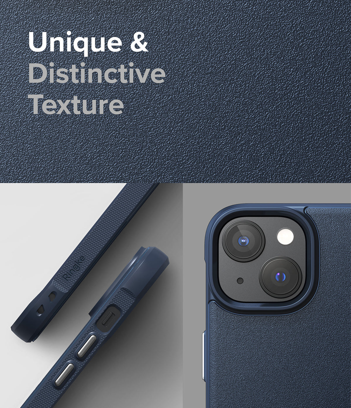 iPhone 14 Plus Case | Onyx - Navy blue phone case with textured back, side button details, and dual camera cutout.