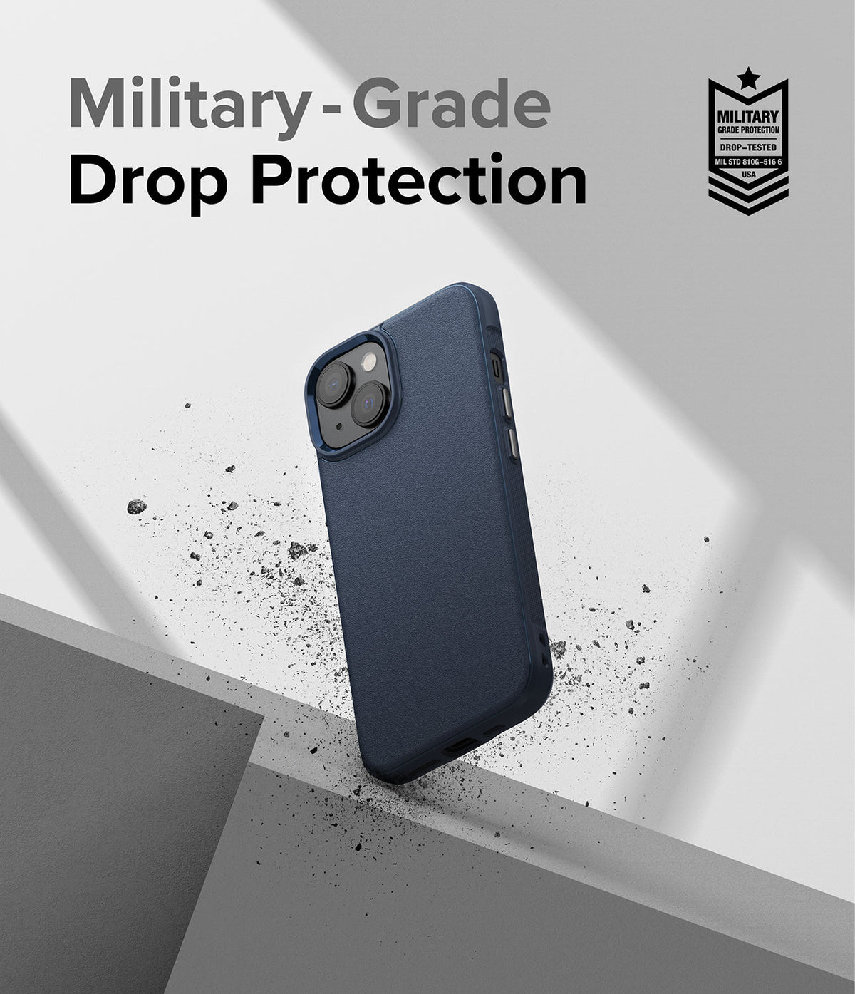 iPhone 14 Plus Case | Onyx - Navy blue phone case floating above concrete blocks with military-grade drop protection text.