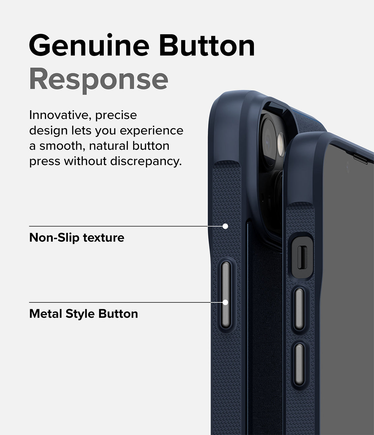 iPhone 14 Case | Onyx - Close-up of a navy phone case highlighting non-slip texture and metallic buttons with descriptive text.