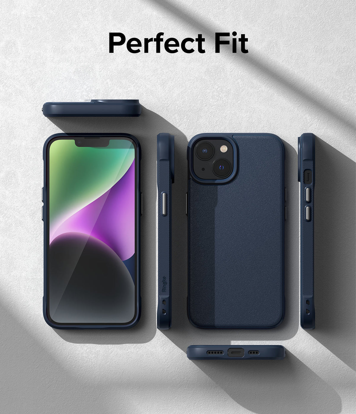 iPhone 14 Case | Onyx - Multiple views of a dark blue phone case showing the front, back, and sides on a textured surface.