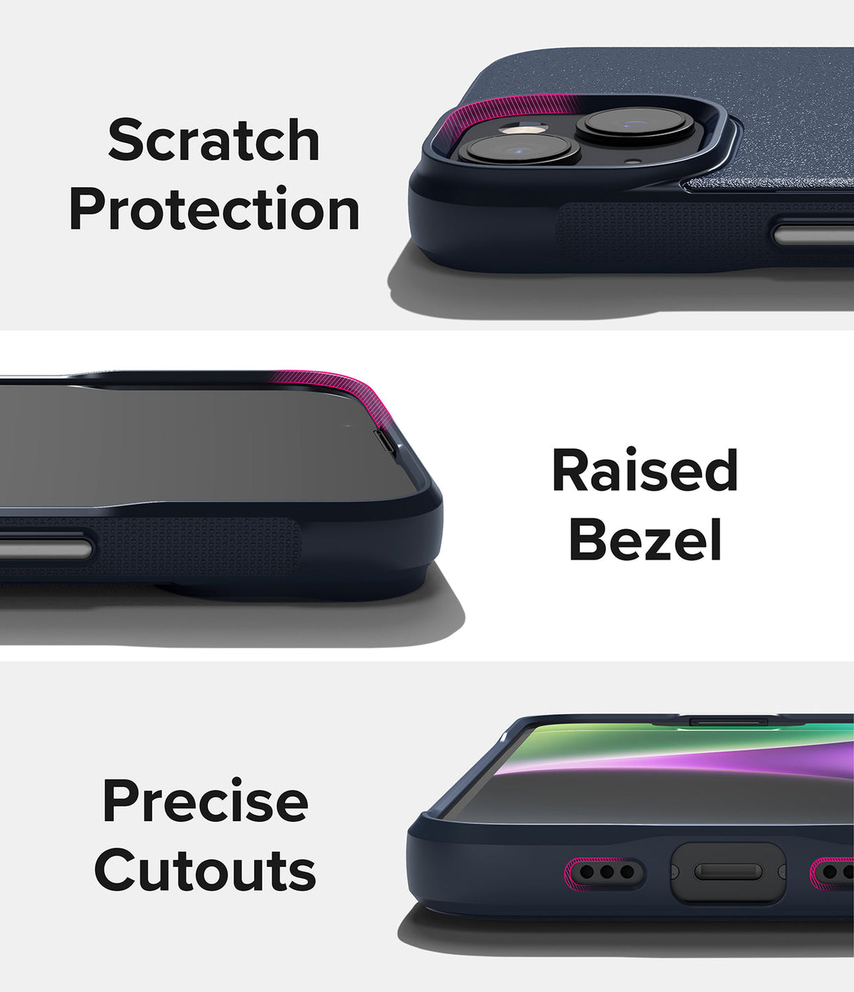 iPhone 14 Case | Onyx - Close-ups of phone case features: camera protection, raised screen bezel, and precise port cutouts.