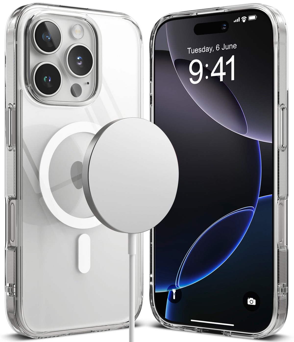 iPhone 16 Pro Case | Fusion Magnetic - Clear protective case with magnetic charging ring on back and front-facing phone.