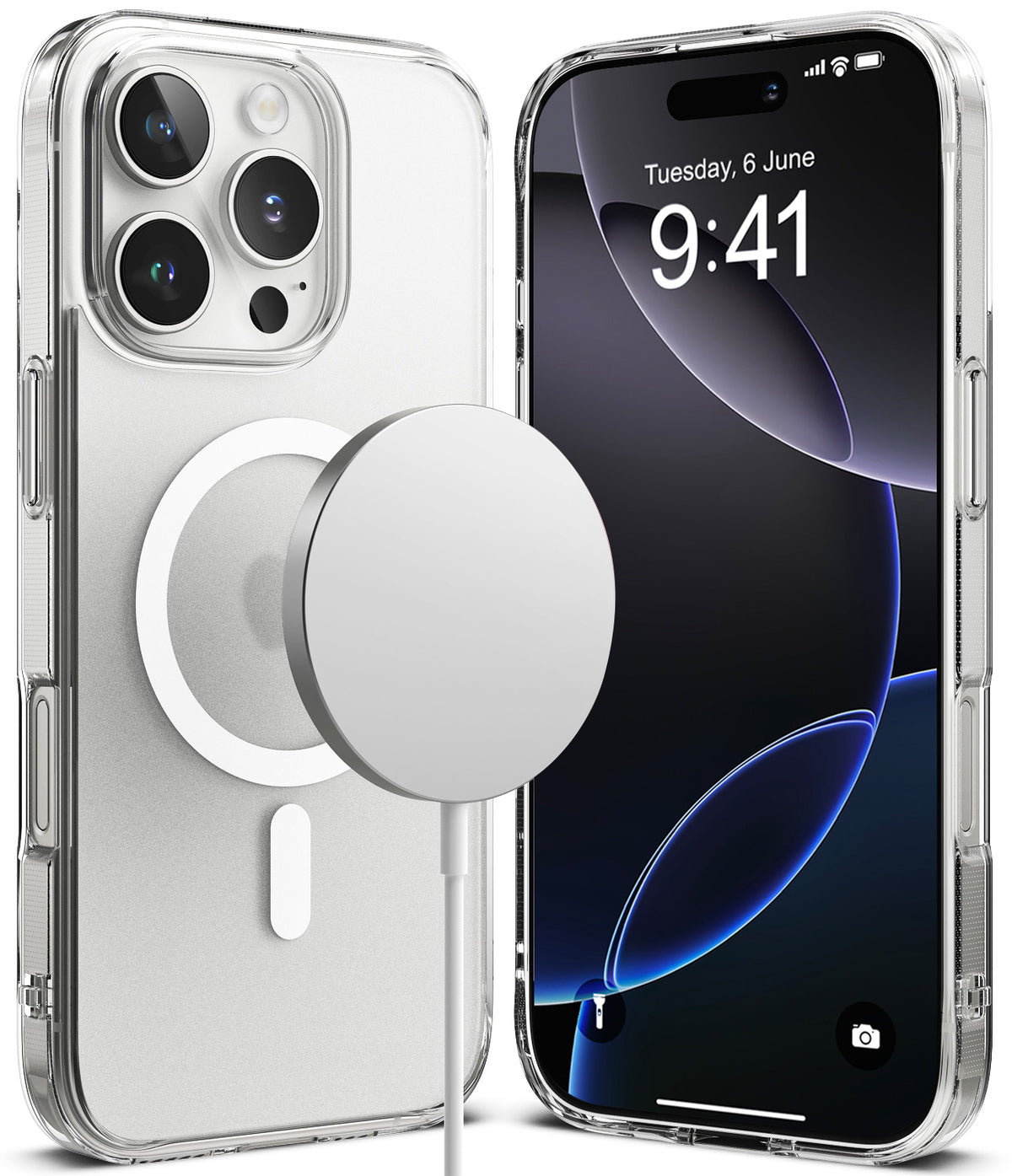iPhone 16 Pro Case | Fusion Magnetic Matte - Clear matte phone case with magnetic charger attached to the back.