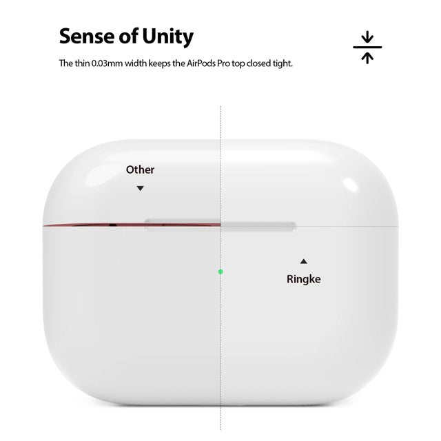 Ringke Airpods Pro Dust Guard Sticker - Comparison showing a gap in a competitor's case versus a flush fit with Ringke.