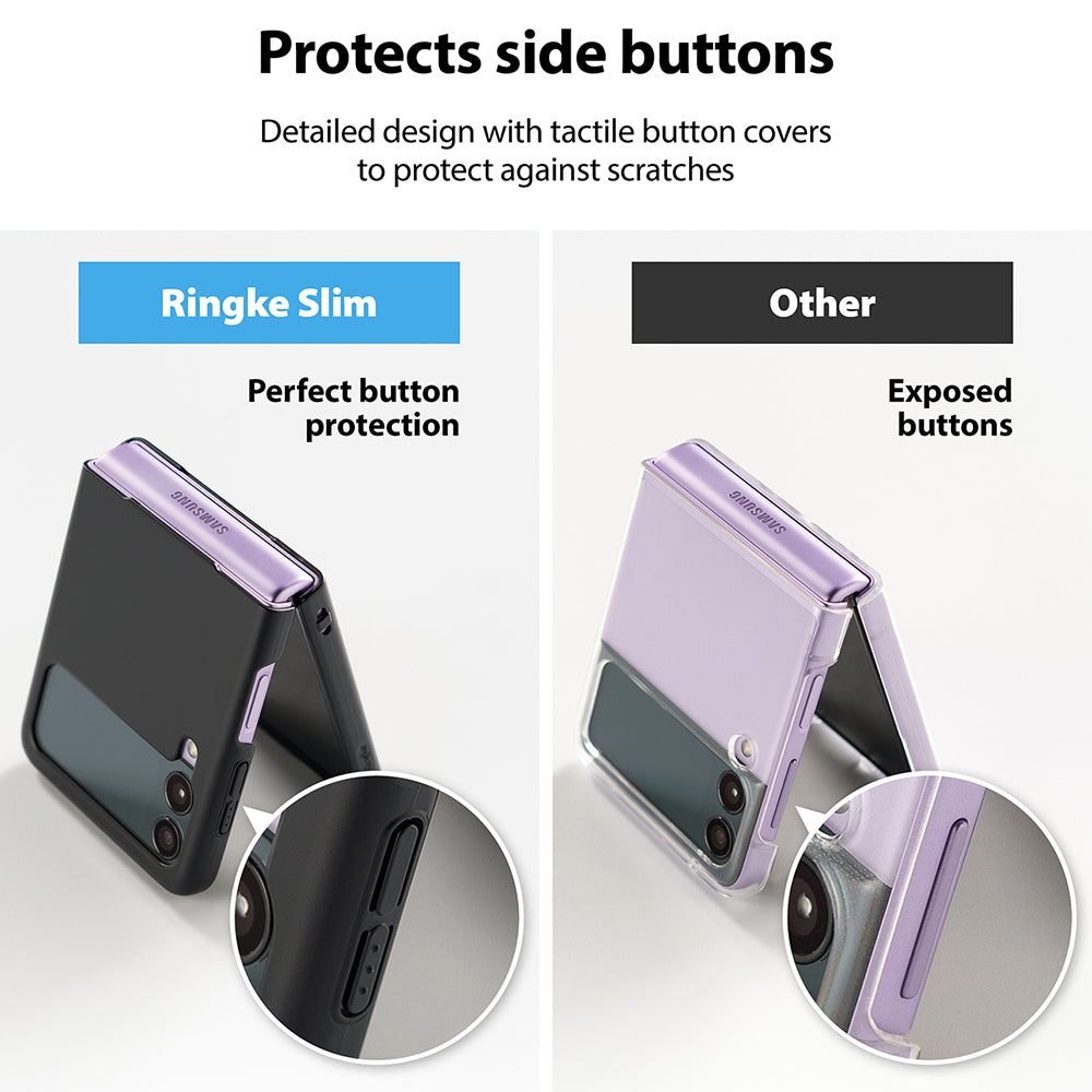 Galaxy Z Flip 3 Case | Slim - Comparison showing Ringke case covering side buttons versus an exposed button design.
