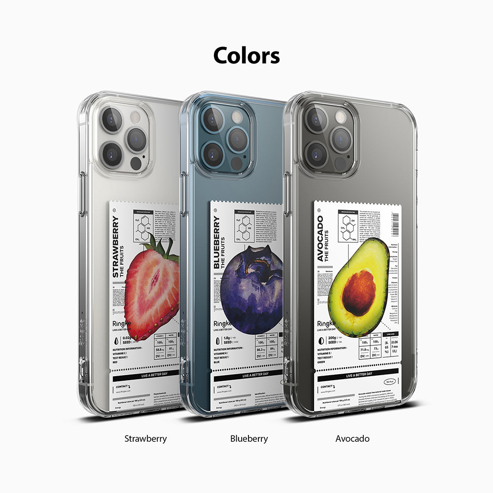 iPhone 12 Pro Max Case | Fusion Design Fruit - Three clear phone cases featuring strawberry, blueberry, and avocado nutrition labels.