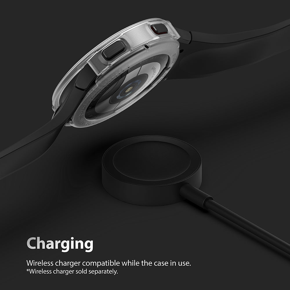 Galaxy Watch 4 (40mm) Case | Air Sports - Clear protective case on a Galaxy Watch 4 resting on a wireless charging puck.