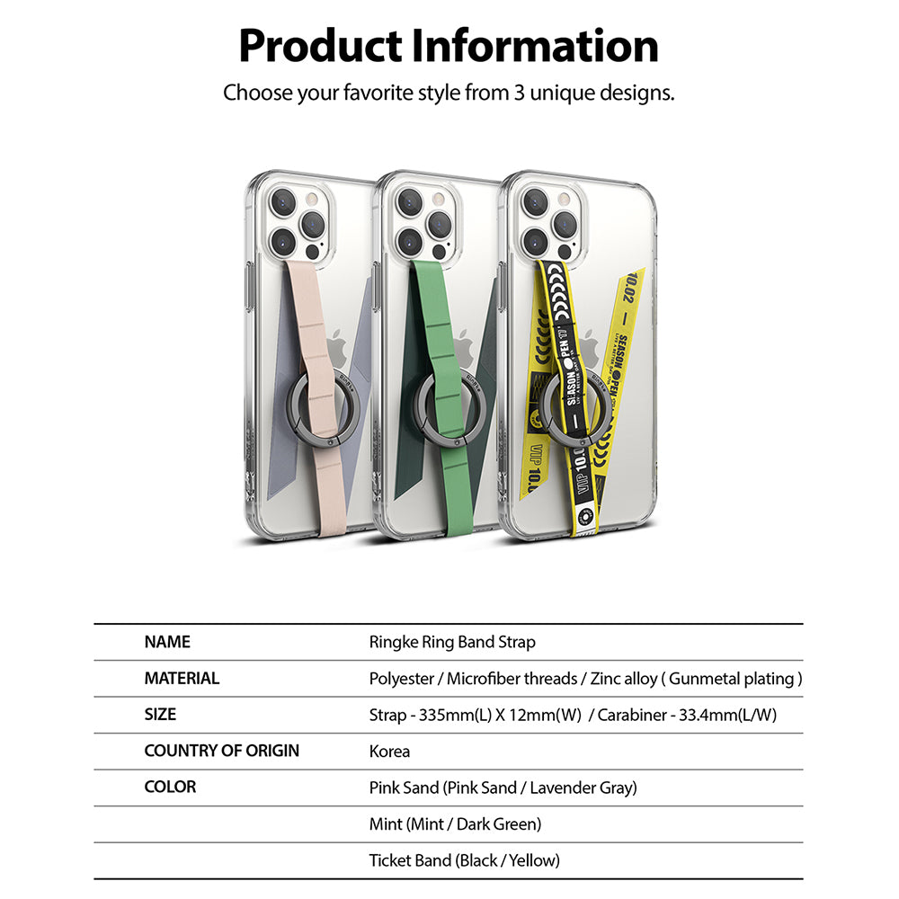 Ring Band Strap - Three clear phone cases with pink, green, and yellow patterned ring band straps attached.