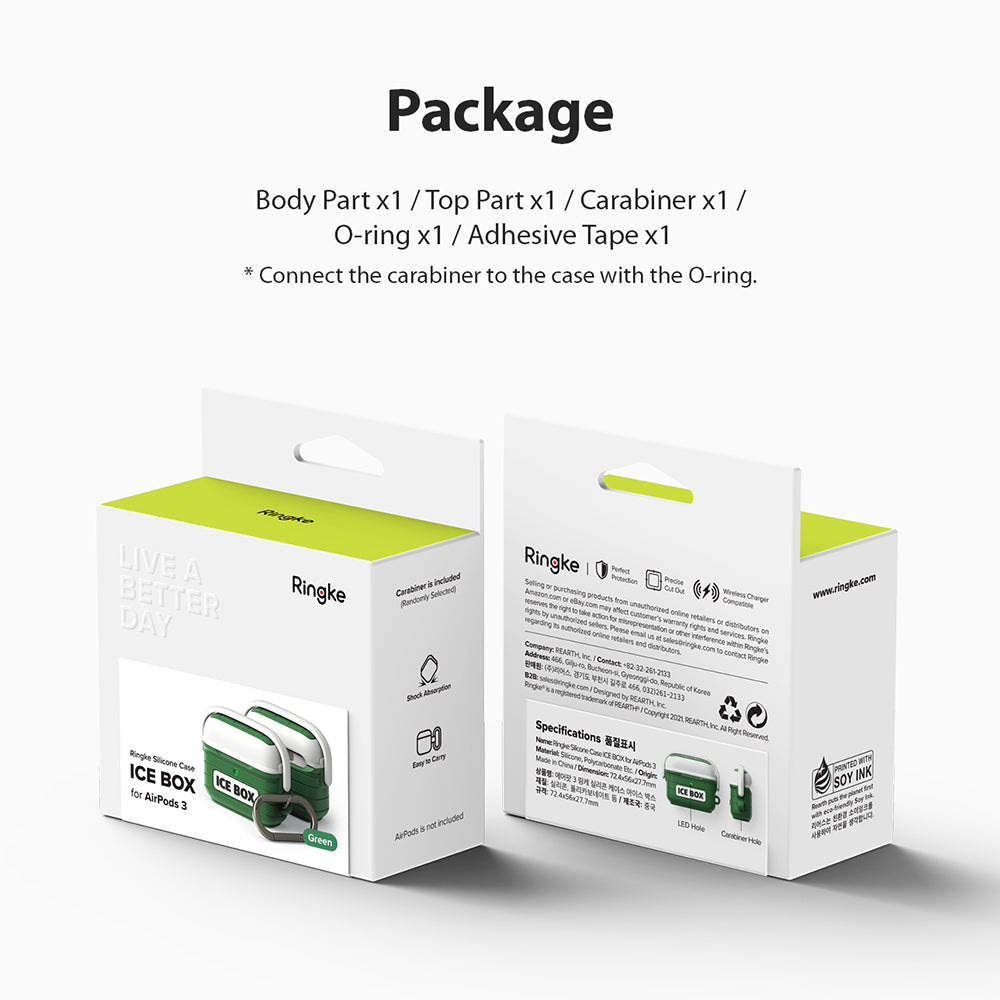 AirPods 3 Silicone Case | Ice Box - Front and back views of Ringke packaging for AirPods 3 case with product contents list.