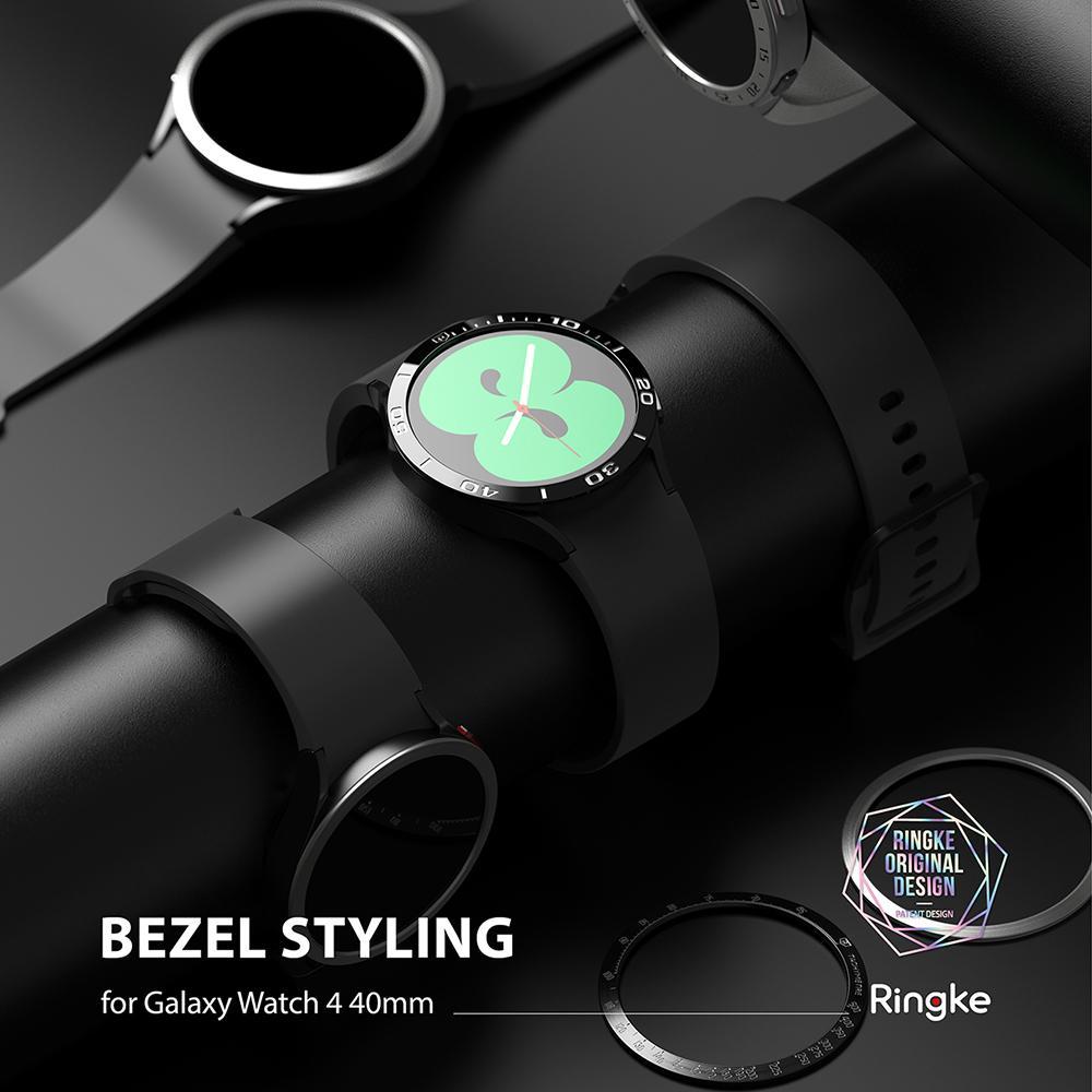 Galaxy Watch 5 / 4 (40mm) | Bezel Premium Styling - Black smartwatch with a metallic bezel ring on a display stand.