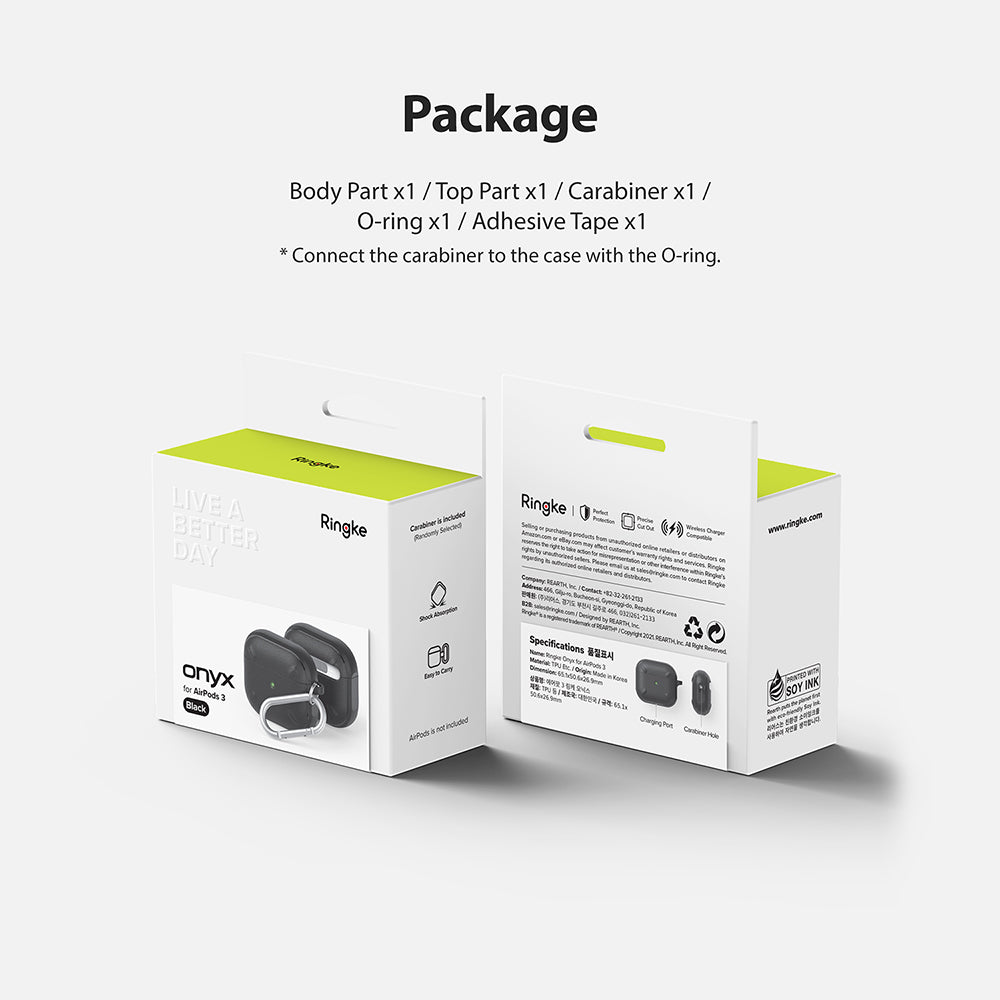 AirPods 3 Case | Onyx - Packaging box for Ringke Onyx AirPods 3 case showing product contents and specifications.