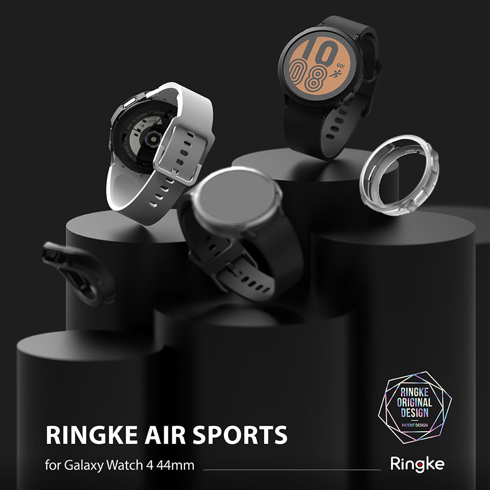 Galaxy Watch 4 (44mm) Case | Air Sports - Galaxy Watch 4 units with protective cases displayed on black pedestals.