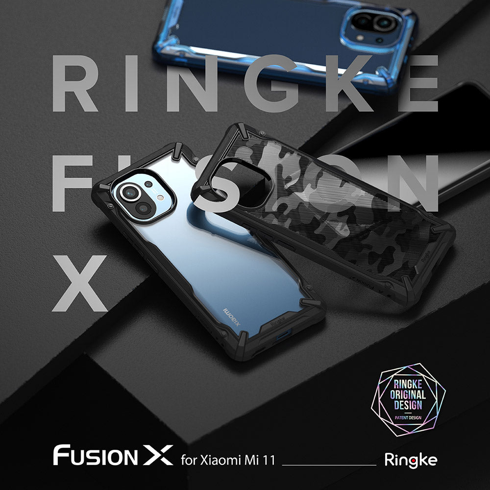 Mi 11 Case | Fusion-X - Two Fusion-X phone cases for Xiaomi Mi 11, one clear and one camo, displayed on a dark surface.