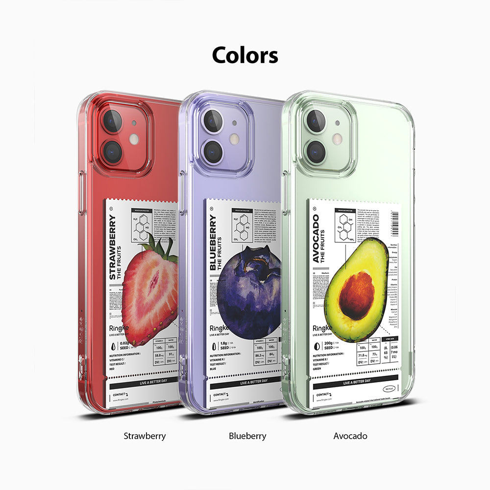 iPhone 12 / 12 Pro Case | Fusion Design Fruit - Three phone cases featuring strawberry, blueberry, and avocado designs.