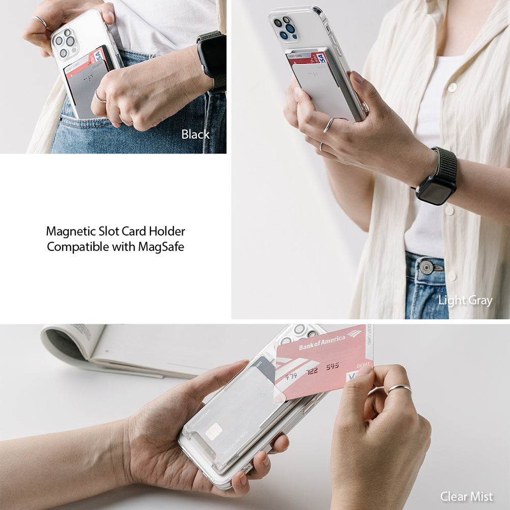 Card Holder | Magnetic Slot - Magnetic phone card holders in black, light gray, and clear mist attached to iPhones.