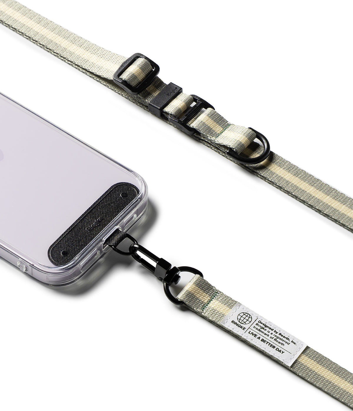 Holder Link & Snap Hook Lanyard Strap - A beige patterned phone lanyard with a black snap hook attached to a phone case.
