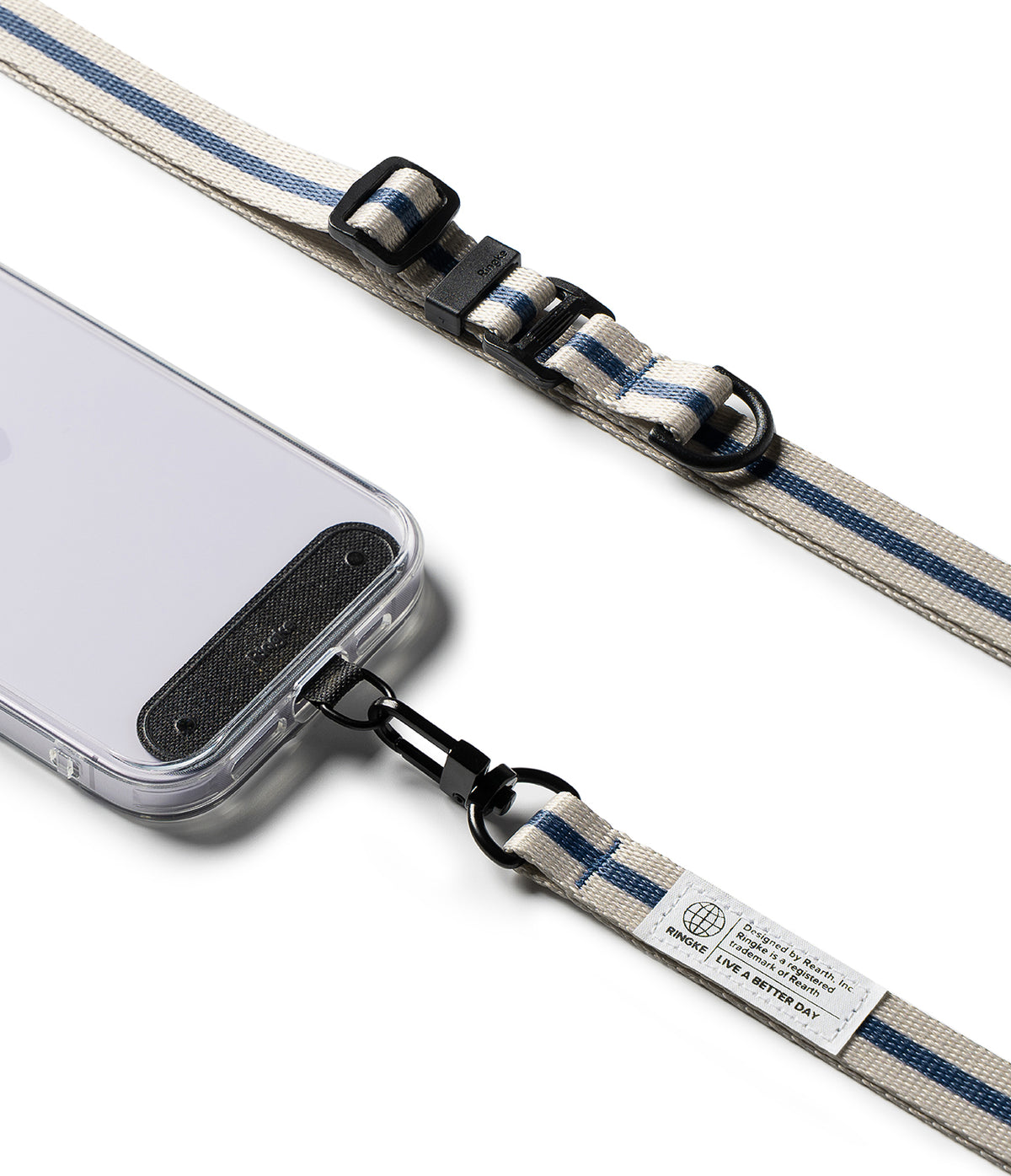 Holder Link & Snap Hook Lanyard Strap - Beige and blue striped phone lanyard with black hardware attached to a clear case.