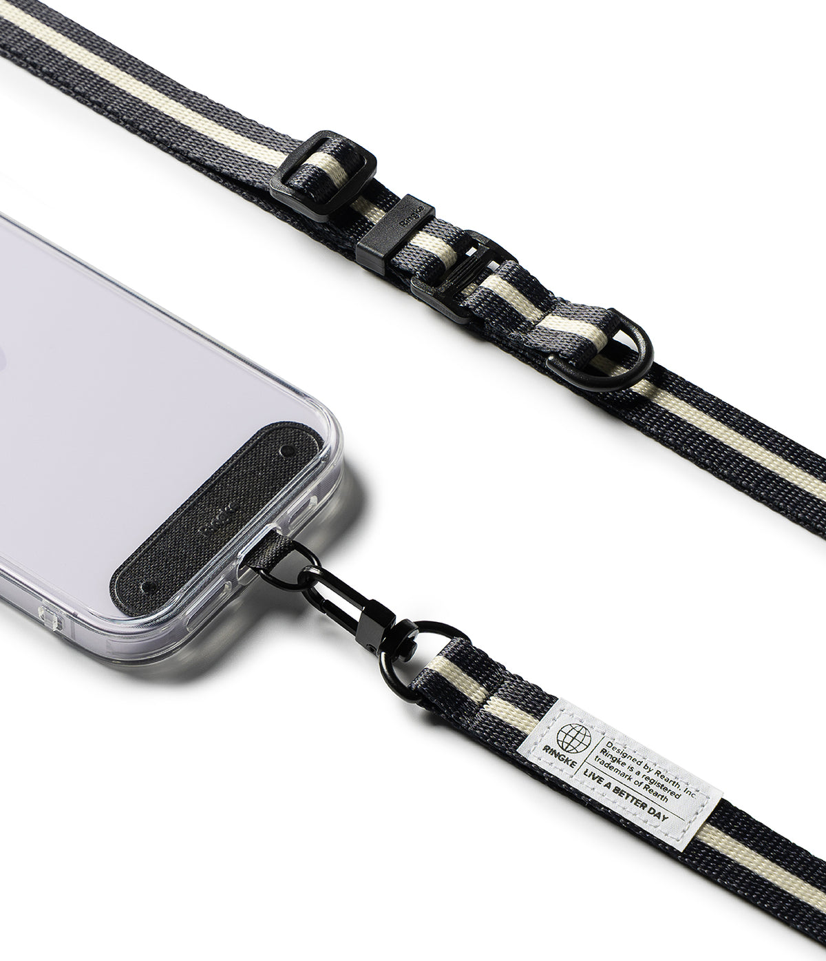 Holder Link & Snap Hook Lanyard Strap - Black and white striped phone lanyard with a snap hook attached to a clear case.