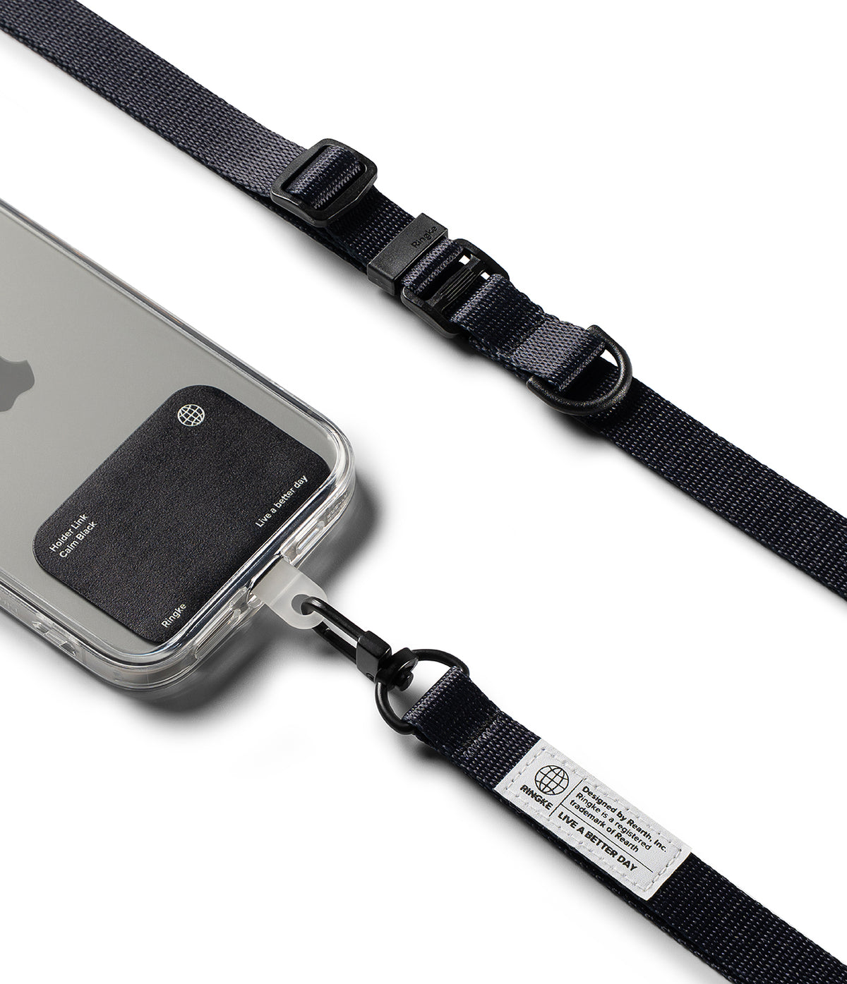 Holder Link & Snap Hook Lanyard Strap - Black phone lanyard with snap hook attached to a clear case via a card holder.