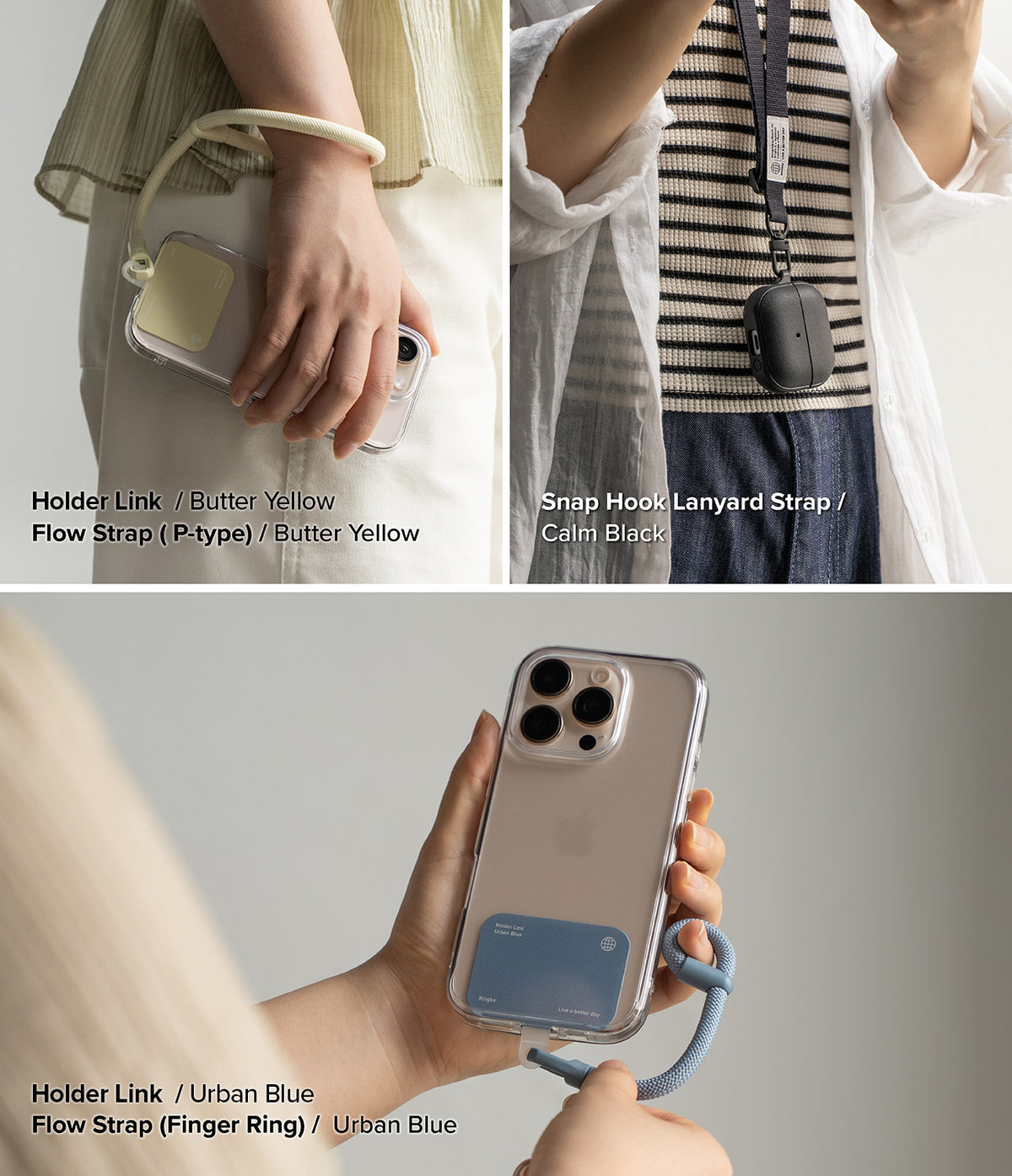 Holder Link & Snap Hook Lanyard Strap - Three views showing phone and earbud cases with colorful wrist and neck straps.