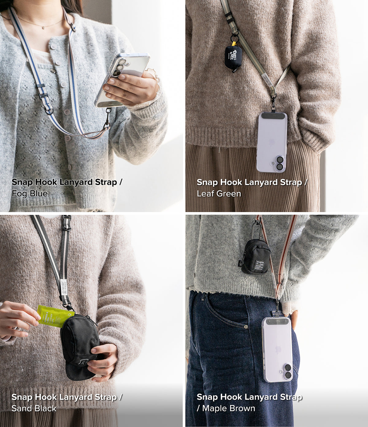 Holder Link & Snap Hook Lanyard Strap - Four color variations of phone lanyards with snap hooks and small storage pouches.
