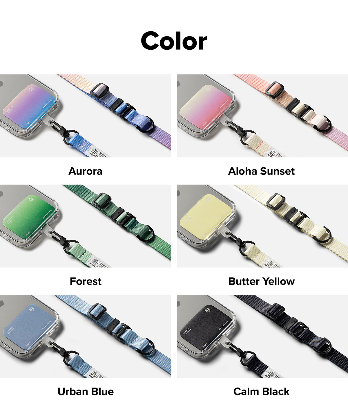 Holder Link & Snap Hook Lanyard Strap - Six color variations of phone lanyard straps with matching adhesive card holders.