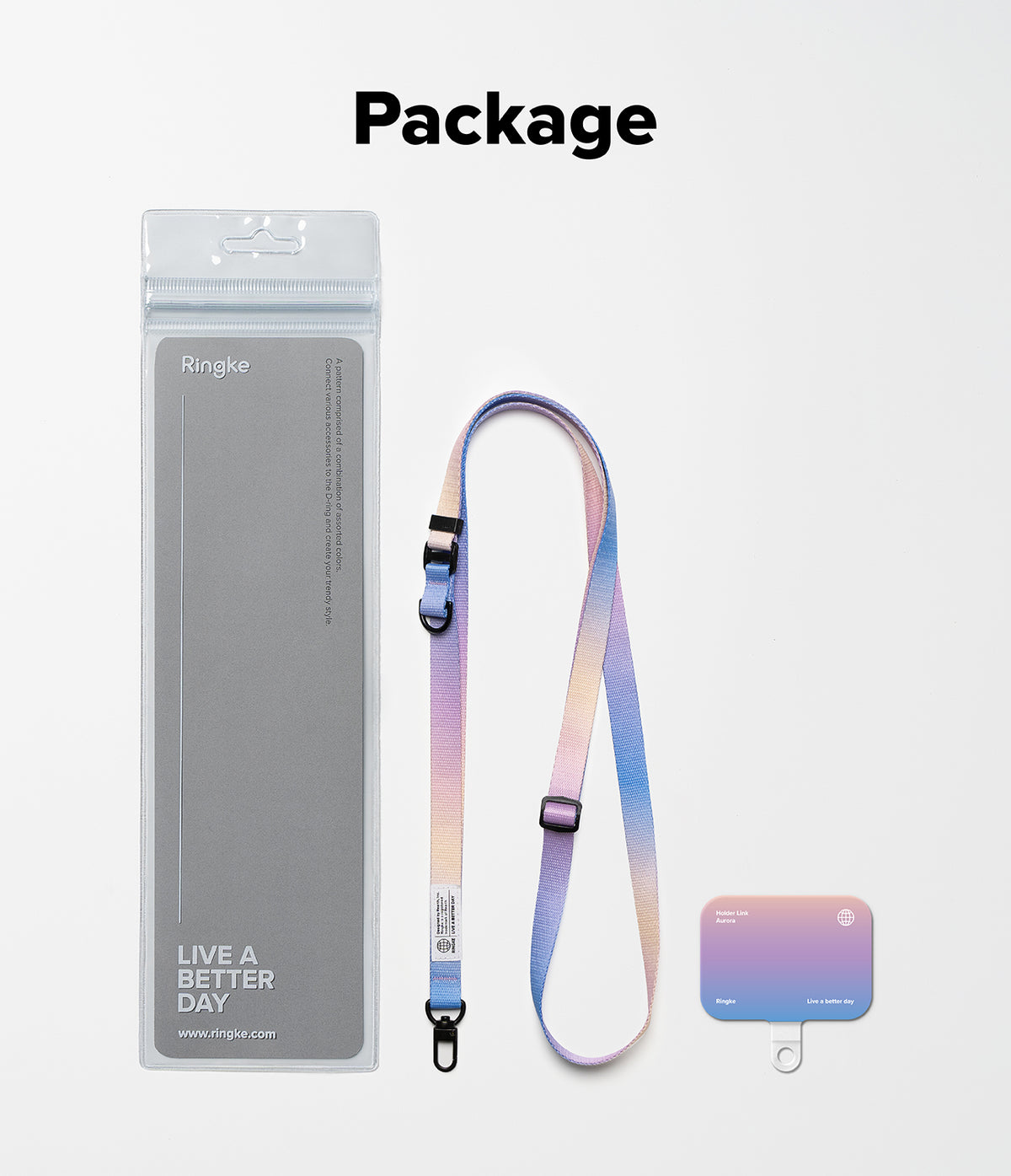 Holder Link & Snap Hook Lanyard Strap - Packaging, gradient lanyard with snap hook, and matching phone tether tab.