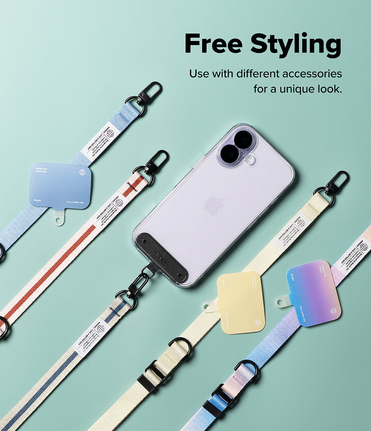 Holder Link & Snap Hook Lanyard Strap - A smartphone with various colorful lanyard straps and holder link accessories.