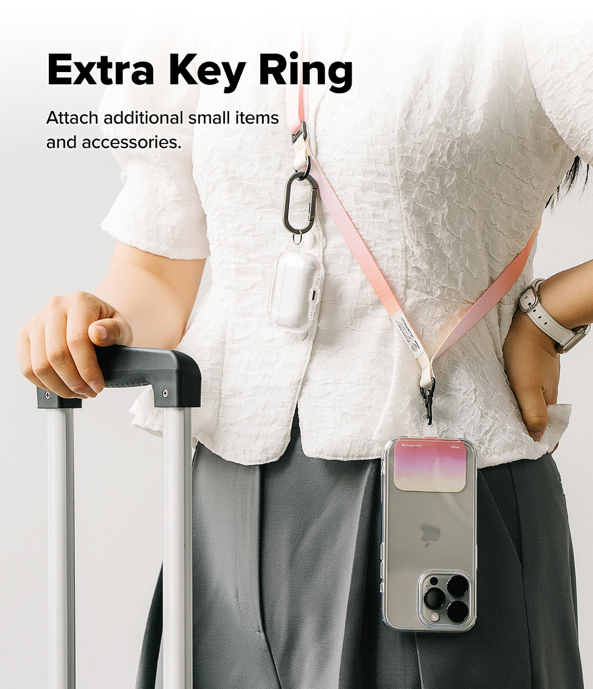 Holder Link & Snap Hook Lanyard Strap - Person wearing a pink lanyard with a phone case and an extra carabiner for accessories.