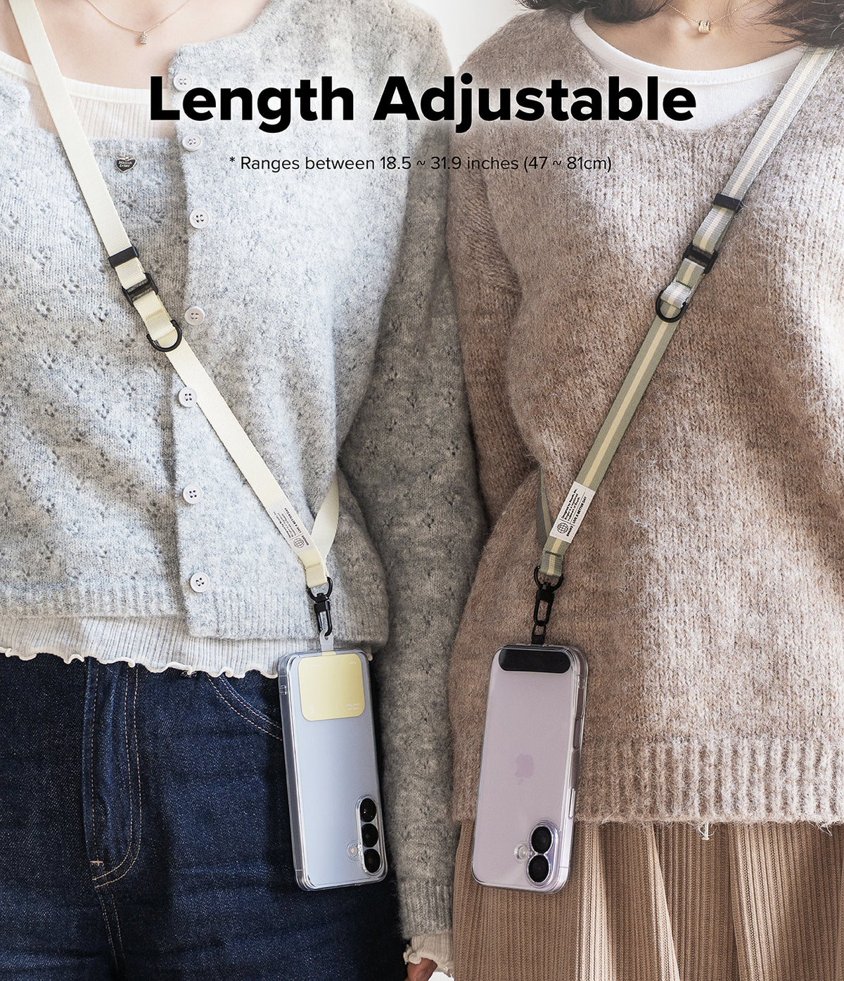 Holder Link & Snap Hook Lanyard Strap - Two people wearing adjustable crossbody phone lanyards with snap hooks.