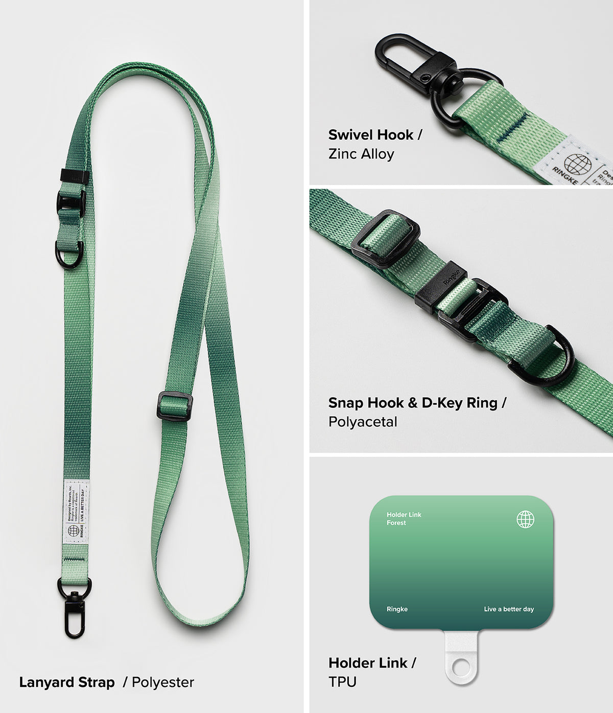 Holder Link & Snap Hook Lanyard Strap - Green polyester lanyard with zinc alloy hook, polyacetal hardware, and TPU holder.