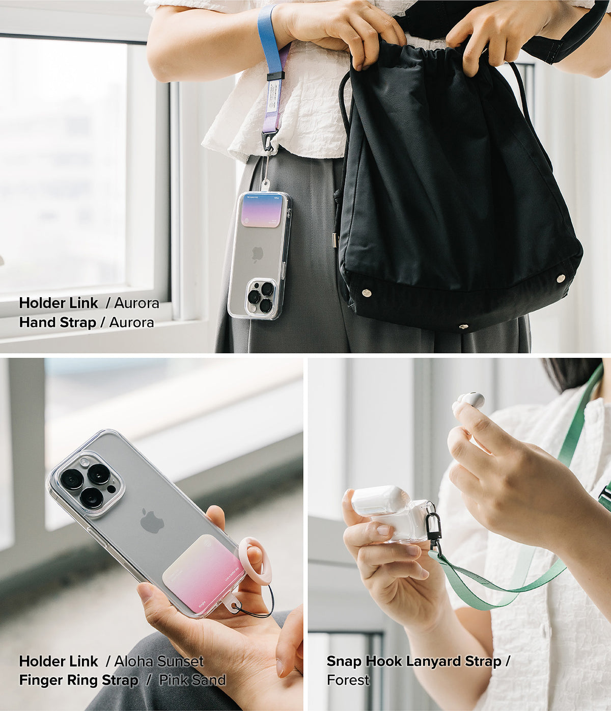 Holder Link & Snap Hook Lanyard Strap - Phone and earbud cases with colorful gradient straps and hooks attached.