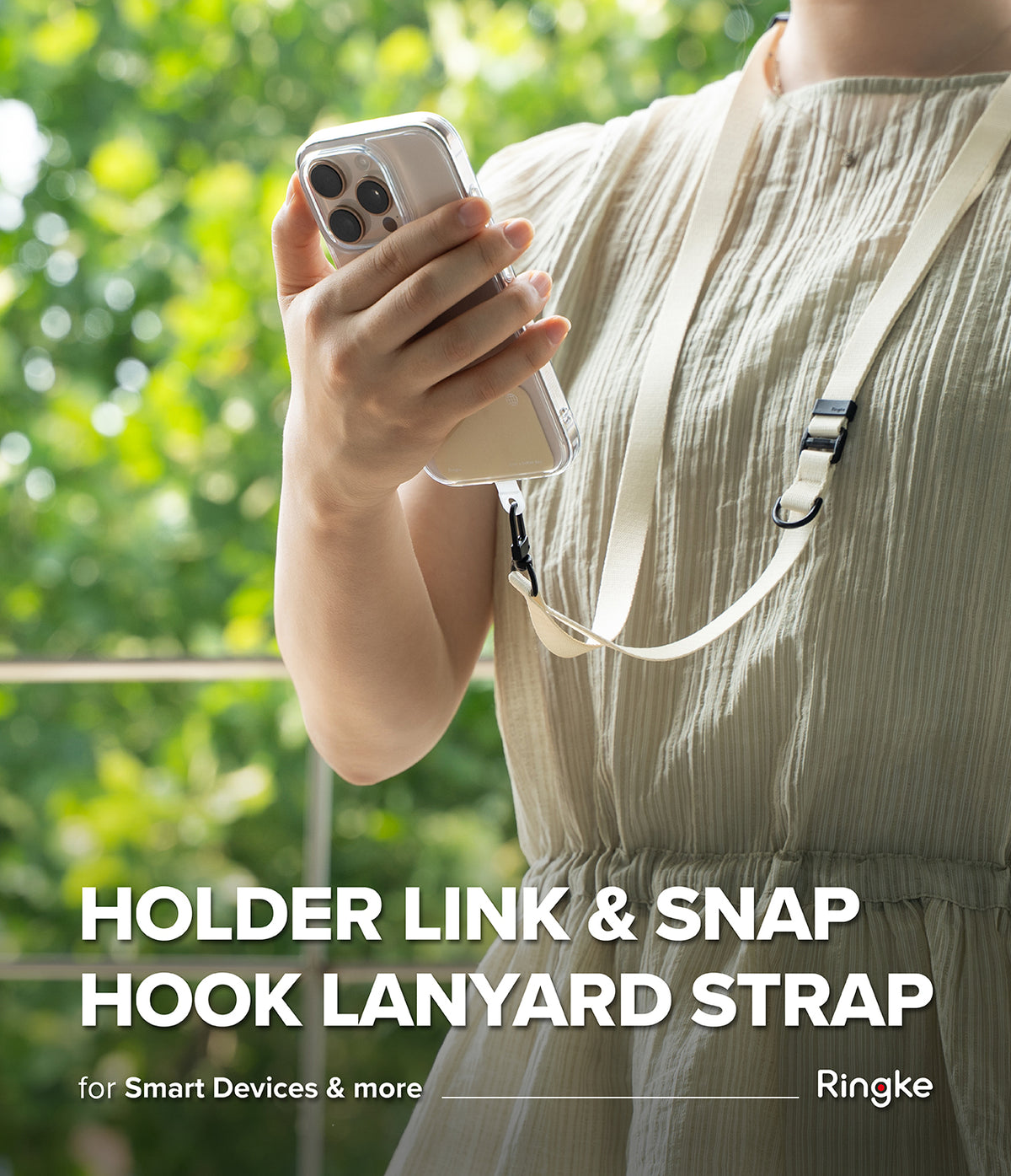 Holder Link & Snap Hook Lanyard Strap - Person wearing a beige lanyard attached to a smartphone with a snap hook.
