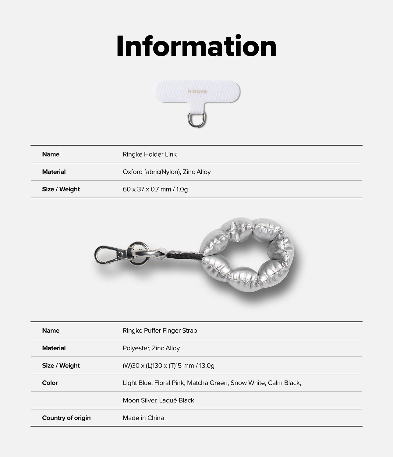 Holder Link Puffer | Finger - Product information card with Ringke holder link and Ringke puffer finger strap on a white background