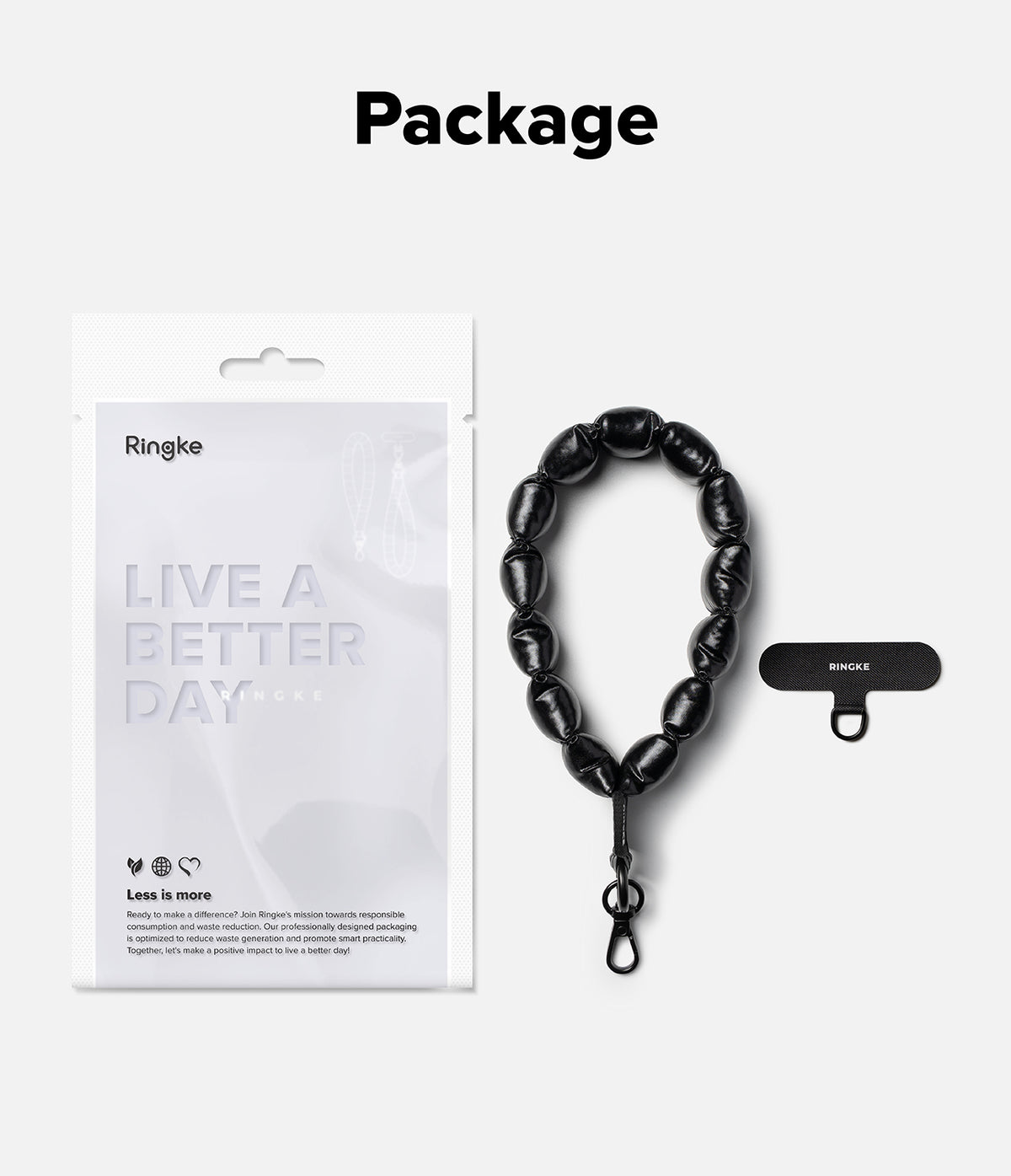 Holder Link Puffer | Hand - Black lanyard with Ringke packaging on a white background