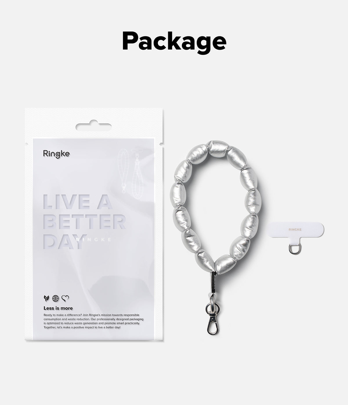 Holder Link Puffer | Hand - Silver hand strap with Ringke packaging on a white background
