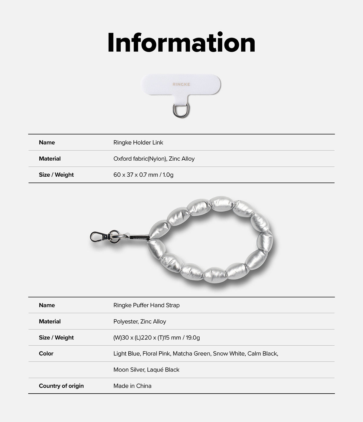 Holder Link Puffer | Hand - Product information card with Ringke accessories on a white background