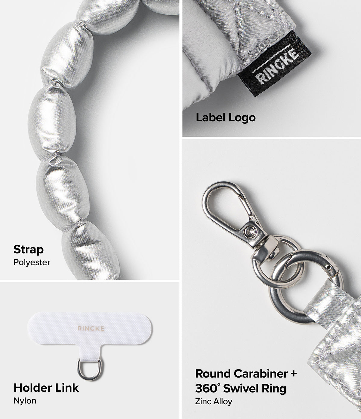 Holder Link Puffer | Hand - Product details of a silver keychain with strap, holder link, round carabiner, and 360 swivel ring on a white background.