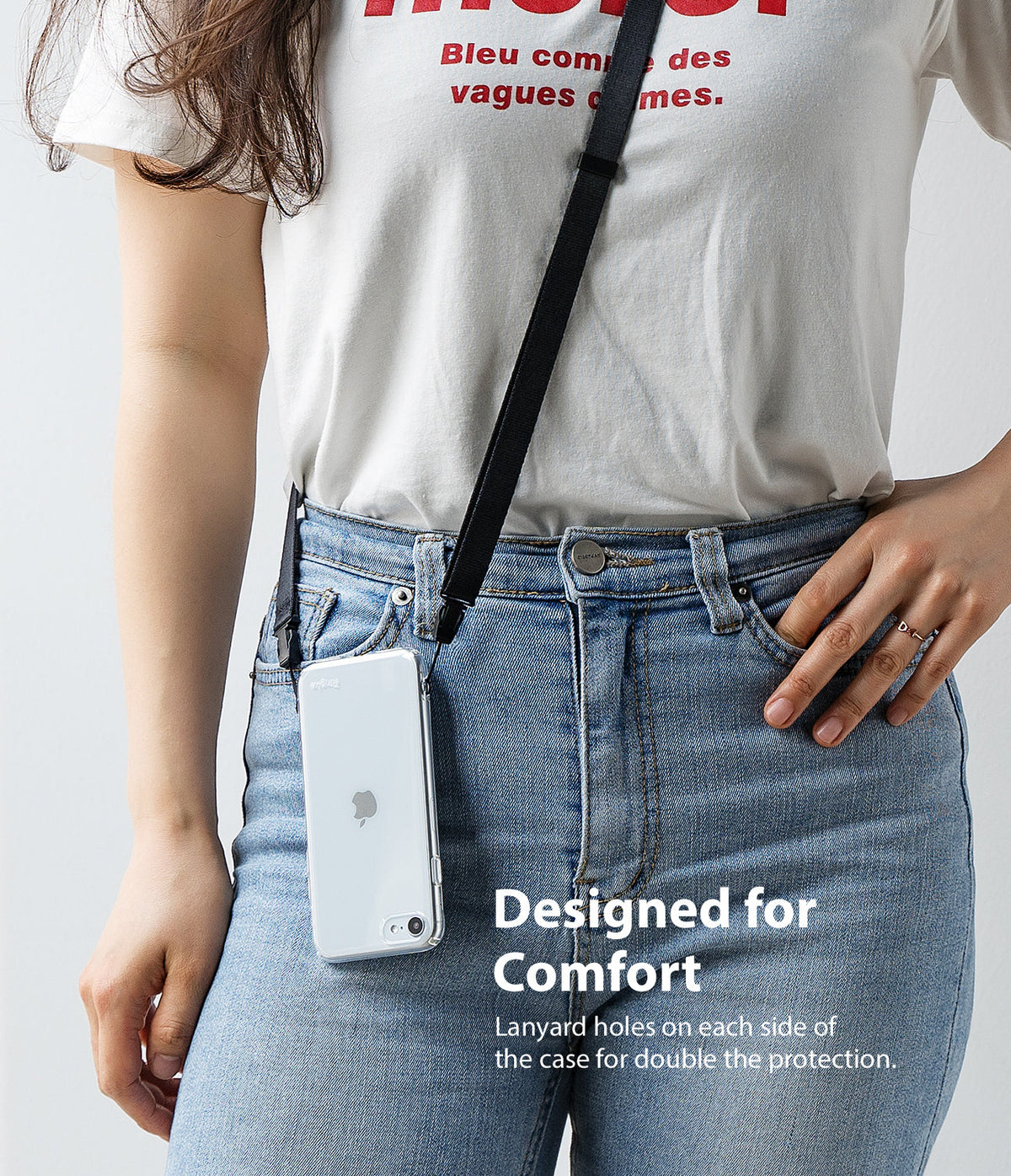 iPhone SE 2022 5G / SE 2020 / 8 Case | Air - Person wearing a clear phone case with a black lanyard strap attached to their hip.