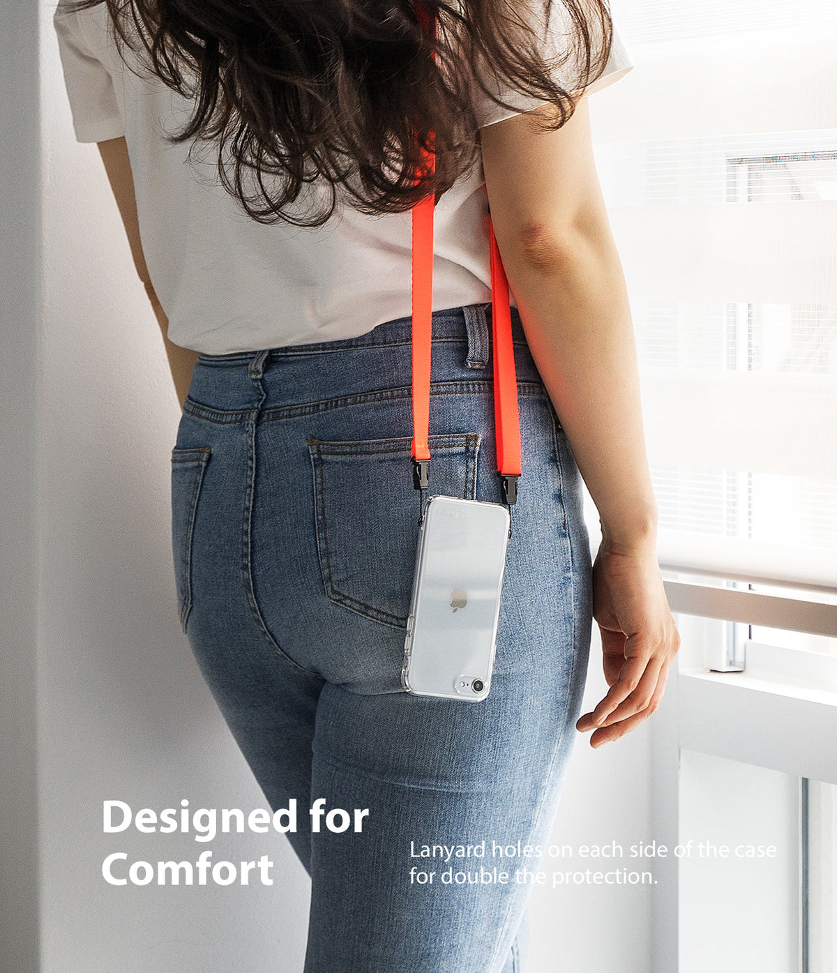 iPhone SE 2022 5G / SE 2020 / 8 Case | Air - Clear phone case hanging from a bright orange lanyard worn over a person's shoulder.